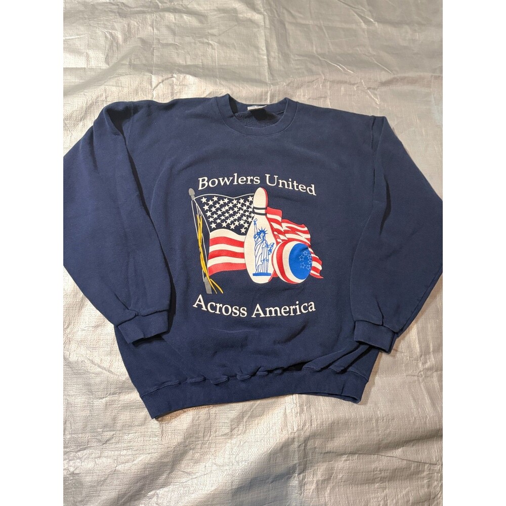 Vintage 90s Bowlers United Sweatshirt Large Navy Blue USA Made King Louie Bowlin